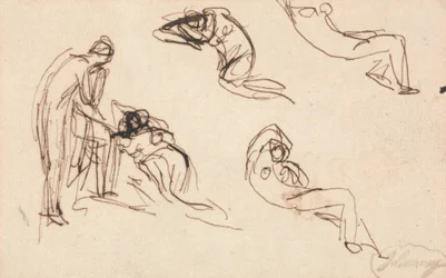 Stehende Figur und vier liegende Figuren